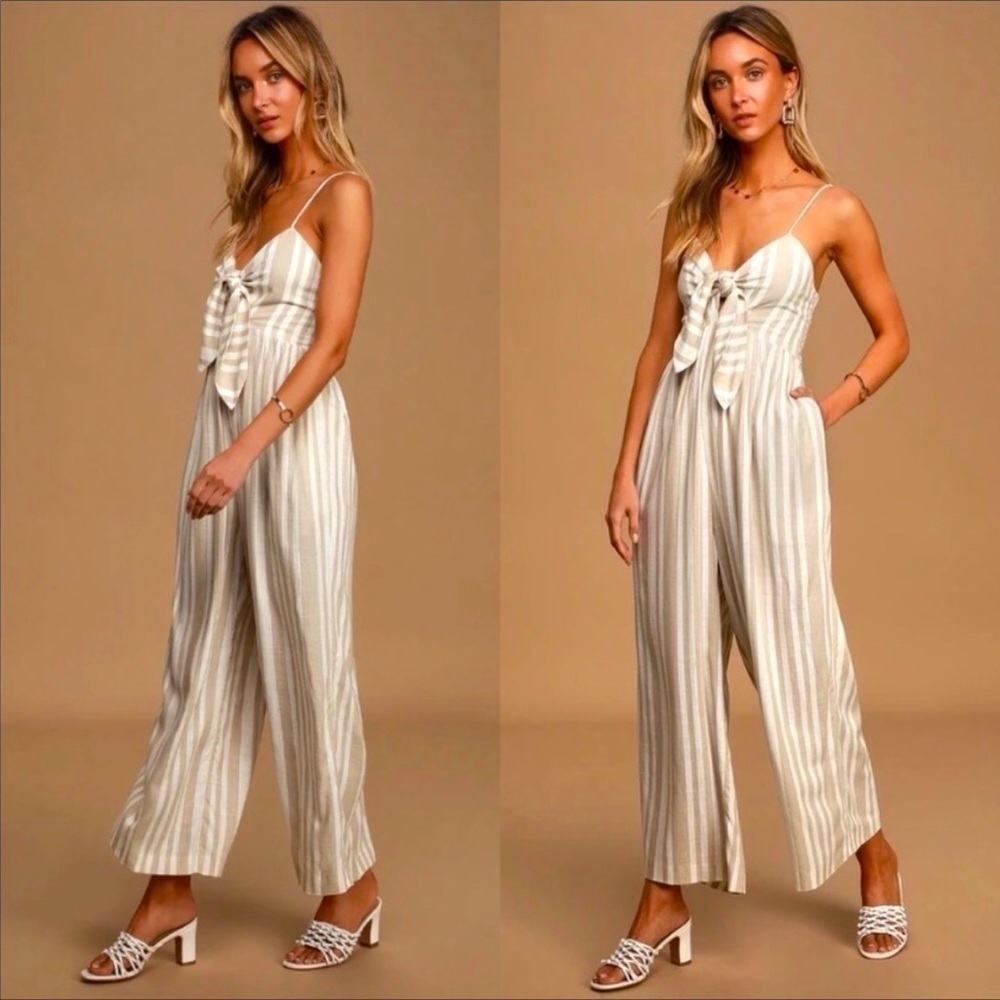 WILLOW Cindy Beige Striped Tie-Front Wide-Leg Jumpsuit